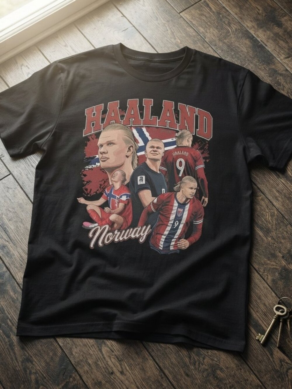 Erling Haaland Norway Soccer Vintage Collage Graphic Black T-Shirt